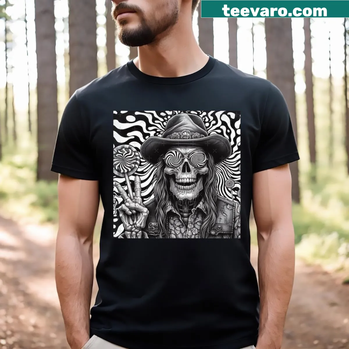T-shirt featuring an illustrated hippie skeleton for Halloween — on a men's t-shirt