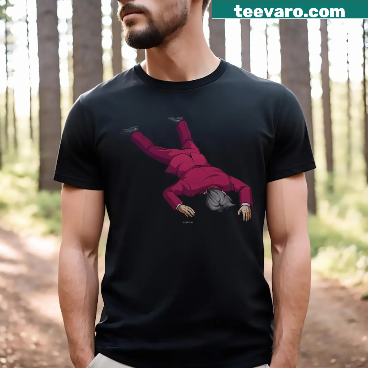 Ace Attorney Edgeworth faceplant graphic T-shirt — on a men's t-shirt