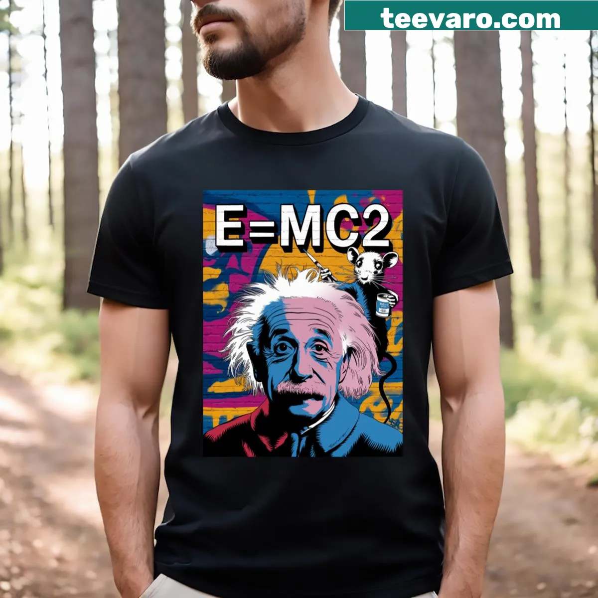 Vintage Albert Einstein Banksy graphic t-shirt with humorous design — on a men's t-shirt
