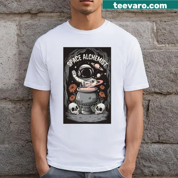 Illustrated cosmic symbols and alchemical designs on a T-shirt