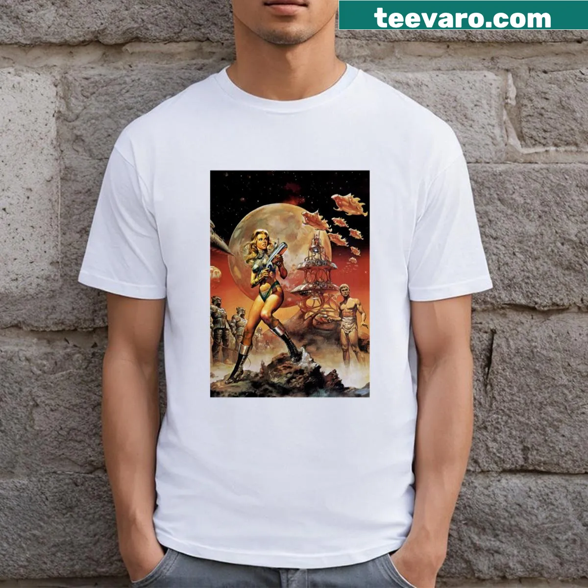 Barbarella T-shirt featuring the iconic sci-fi heroine — on a men's t-shirt