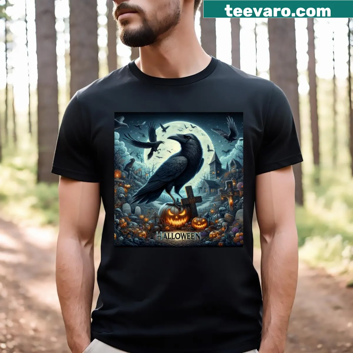 Illustration of a black raven with a pumpkin and cross — on a men's t-shirt