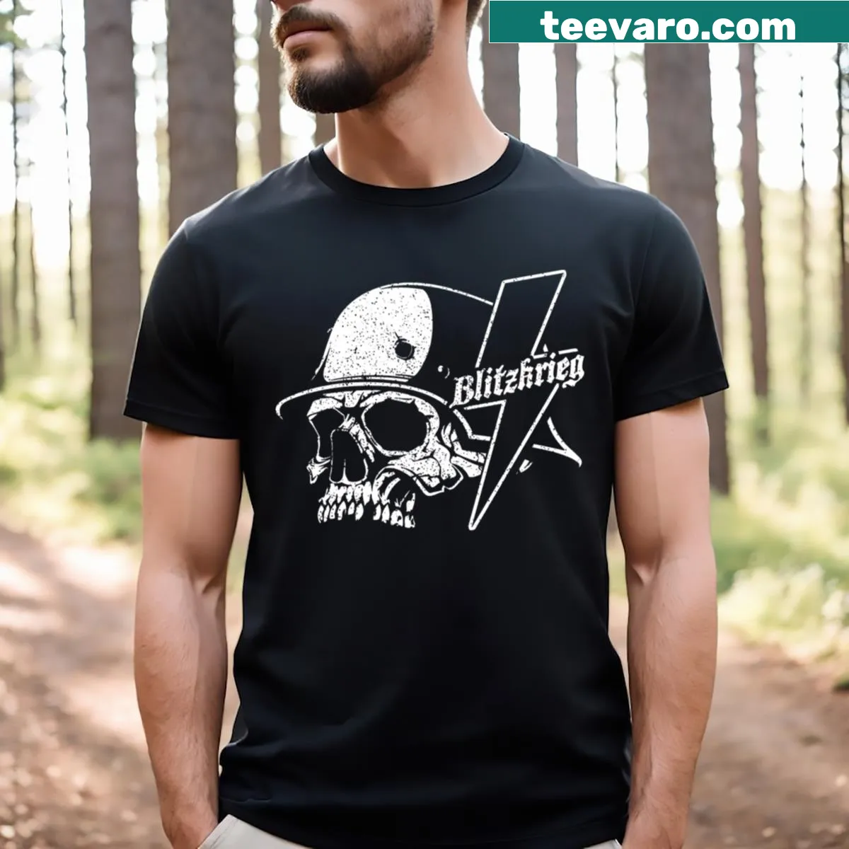 T-shirt featuring bold typography inspired by Blitzkrieg — on a men's t-shirt