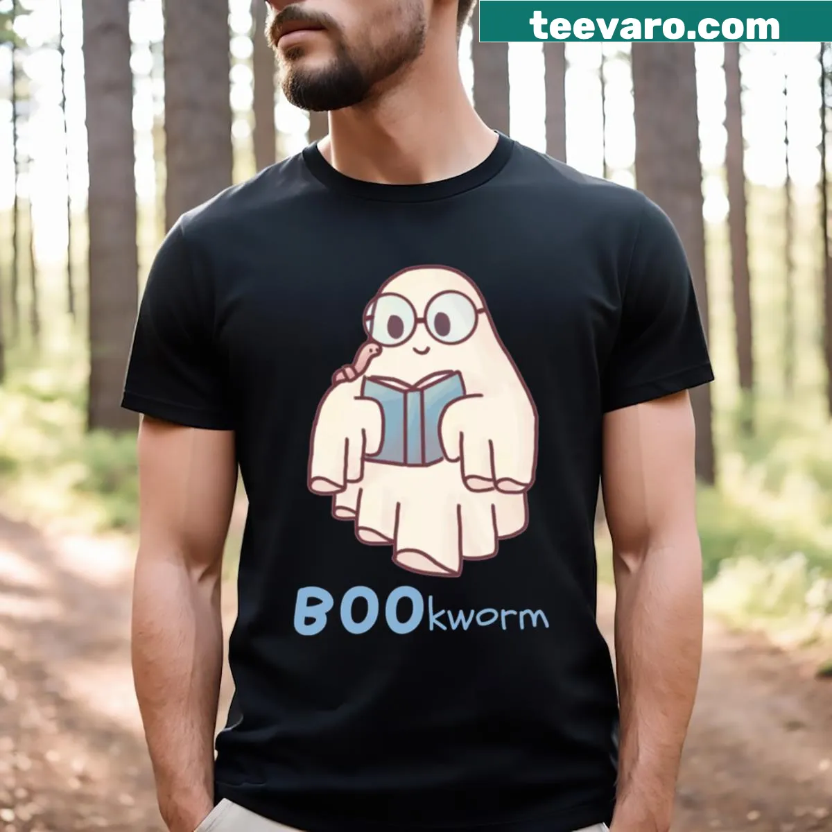 Illustrative T-shirt featuring a bookworm design — on a men's t-shirt