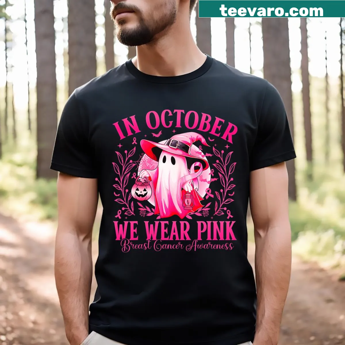 Playful Halloween T-shirt with pink awareness text for October — on a men's t-shirt