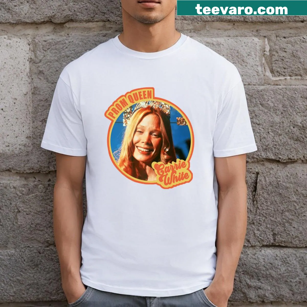 Funny 'Carrie For Prom Queen' statement t-shirt in fun typography — on a men's t-shirt