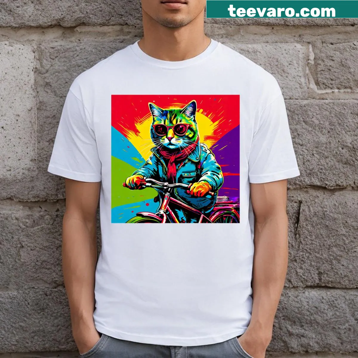 Bold pop art of a cat carrying a bicycle T-shirt — on a men's t-shirt