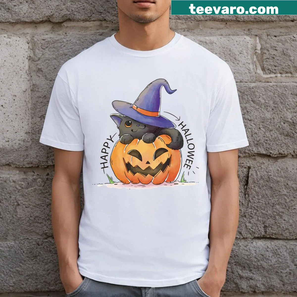 Cute cat in pumpkin with witch hat on a T-shirt — on a men's t-shirt