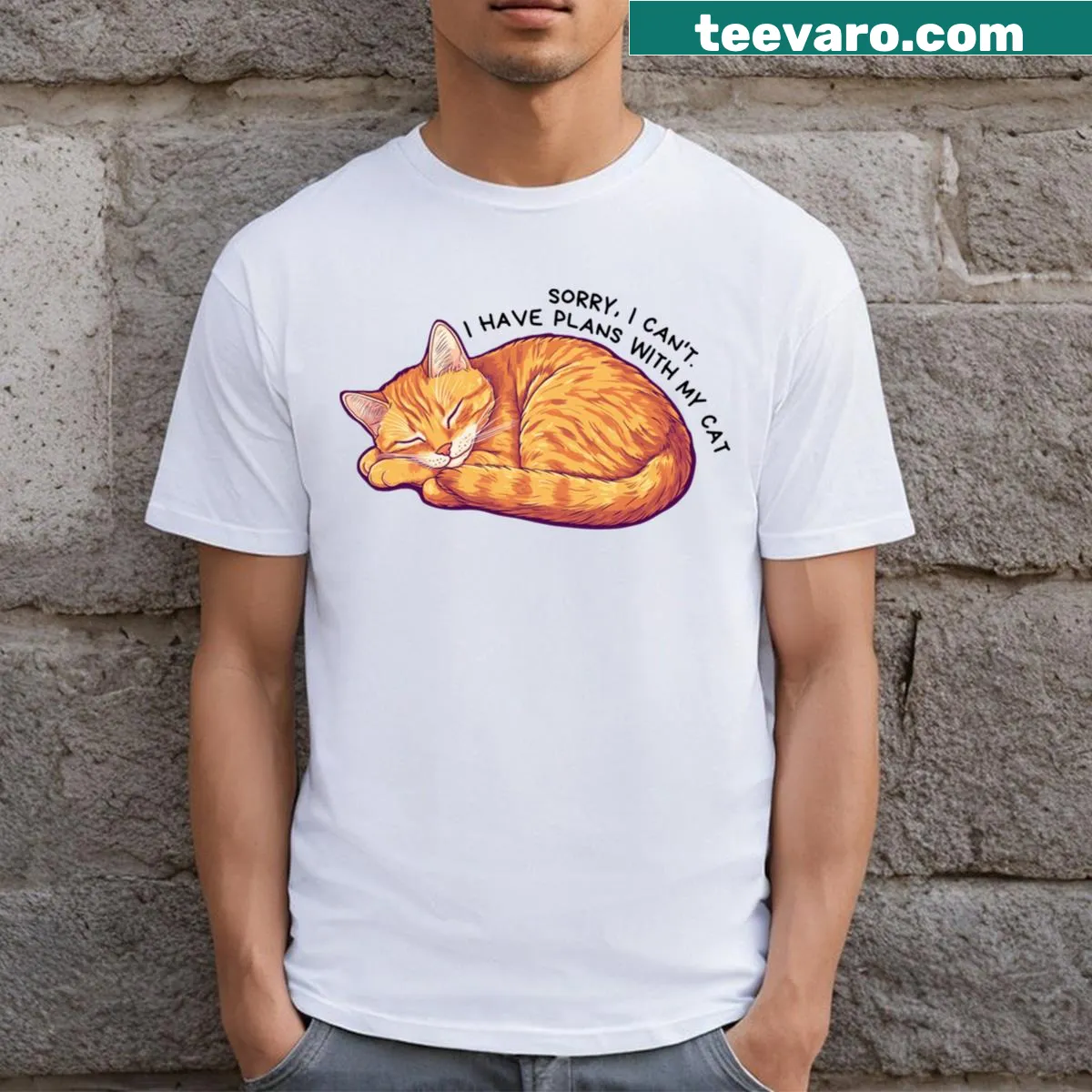 Funny T-shirt with the quote 'Sorry I Can't I Have Plans With My Cat' — on a men's t-shirt