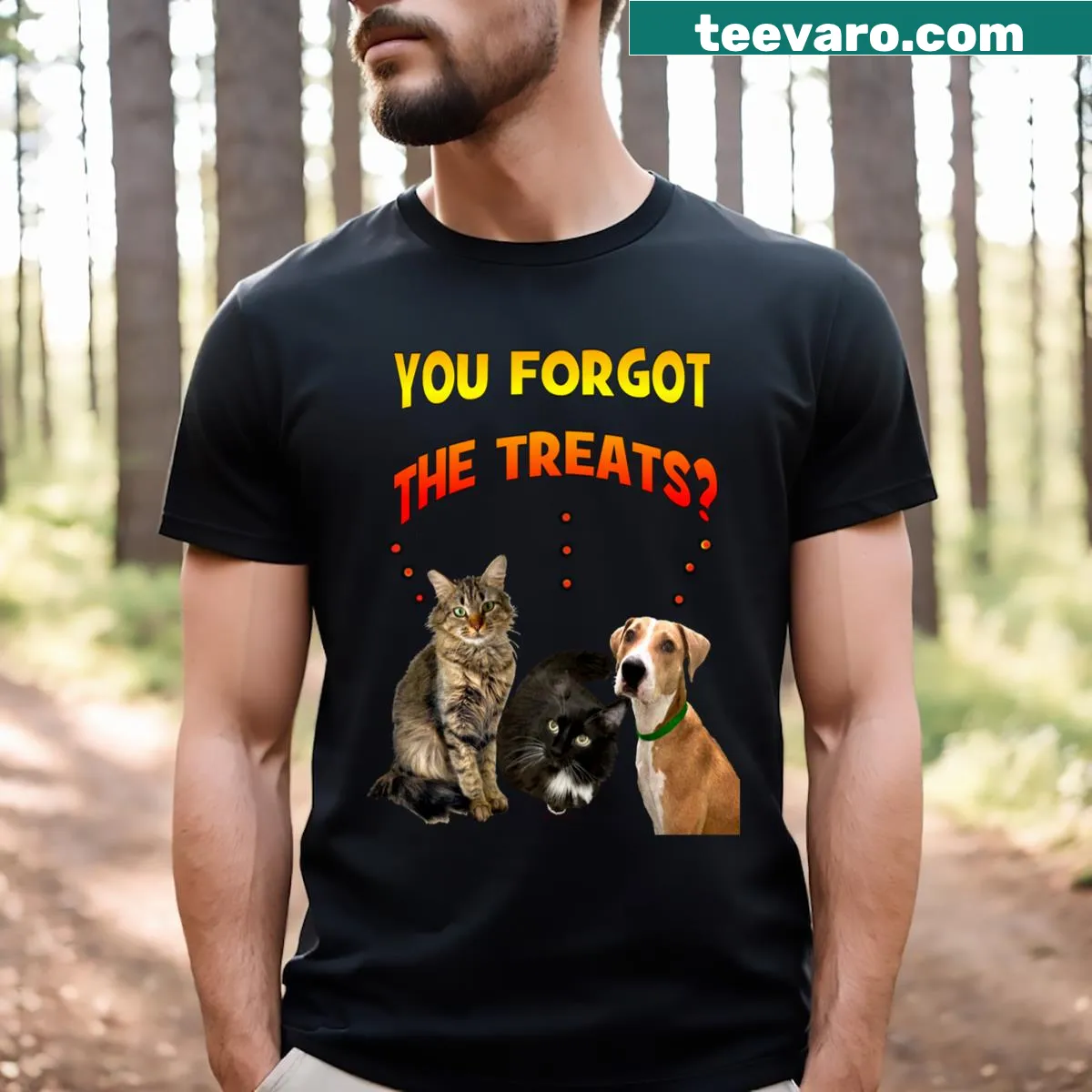 Whimsical illustration of cats and dog waiting for treats on t-shirt — on a men's t-shirt