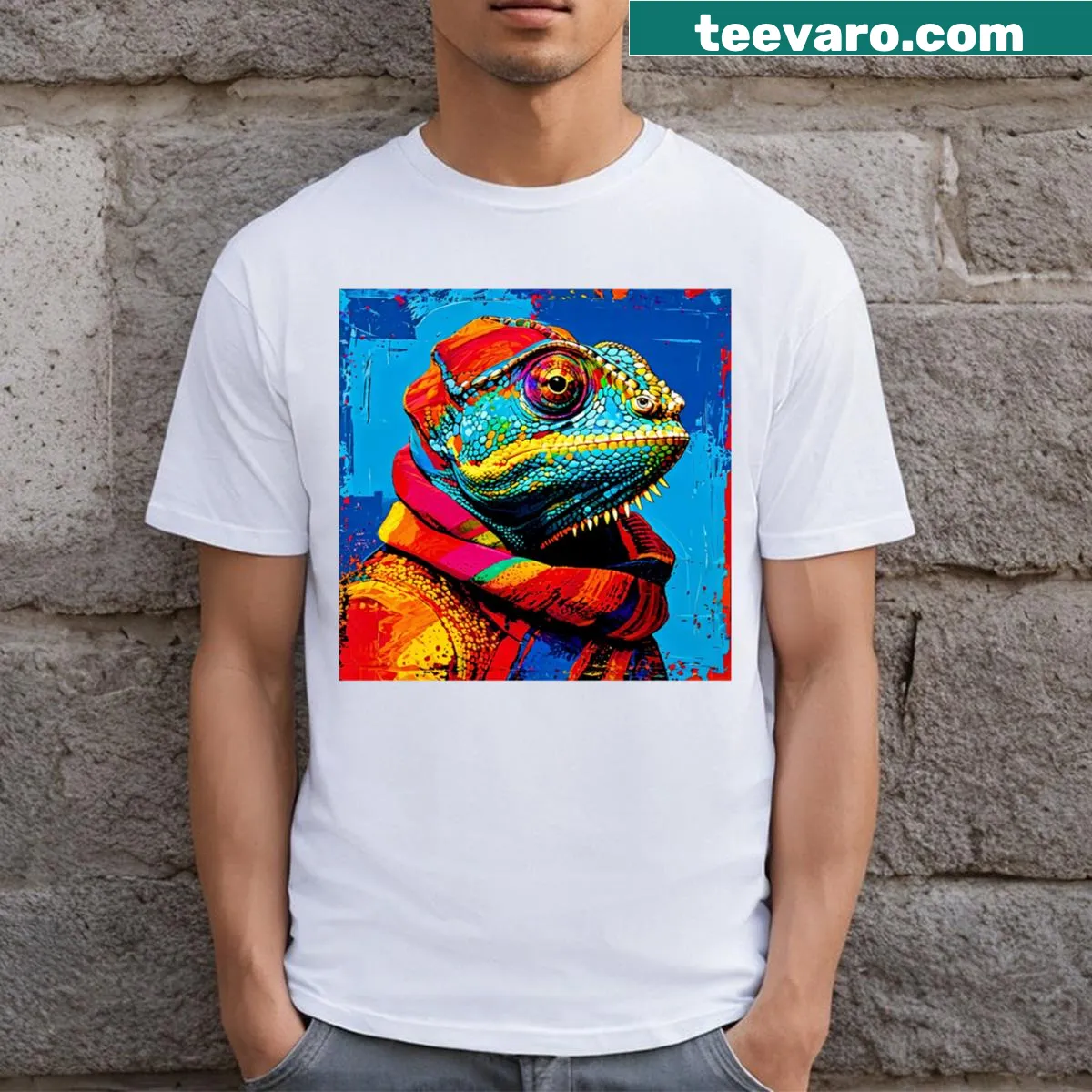 Pop-art T-shirt featuring a charming chameleon in a scarf — on a men's t-shirt