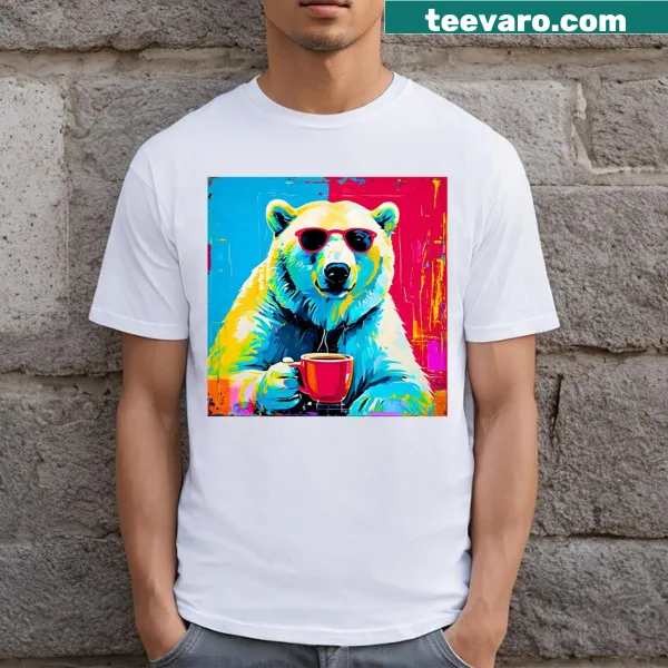 Charming T-shirt featuring a polar bear with coffee design