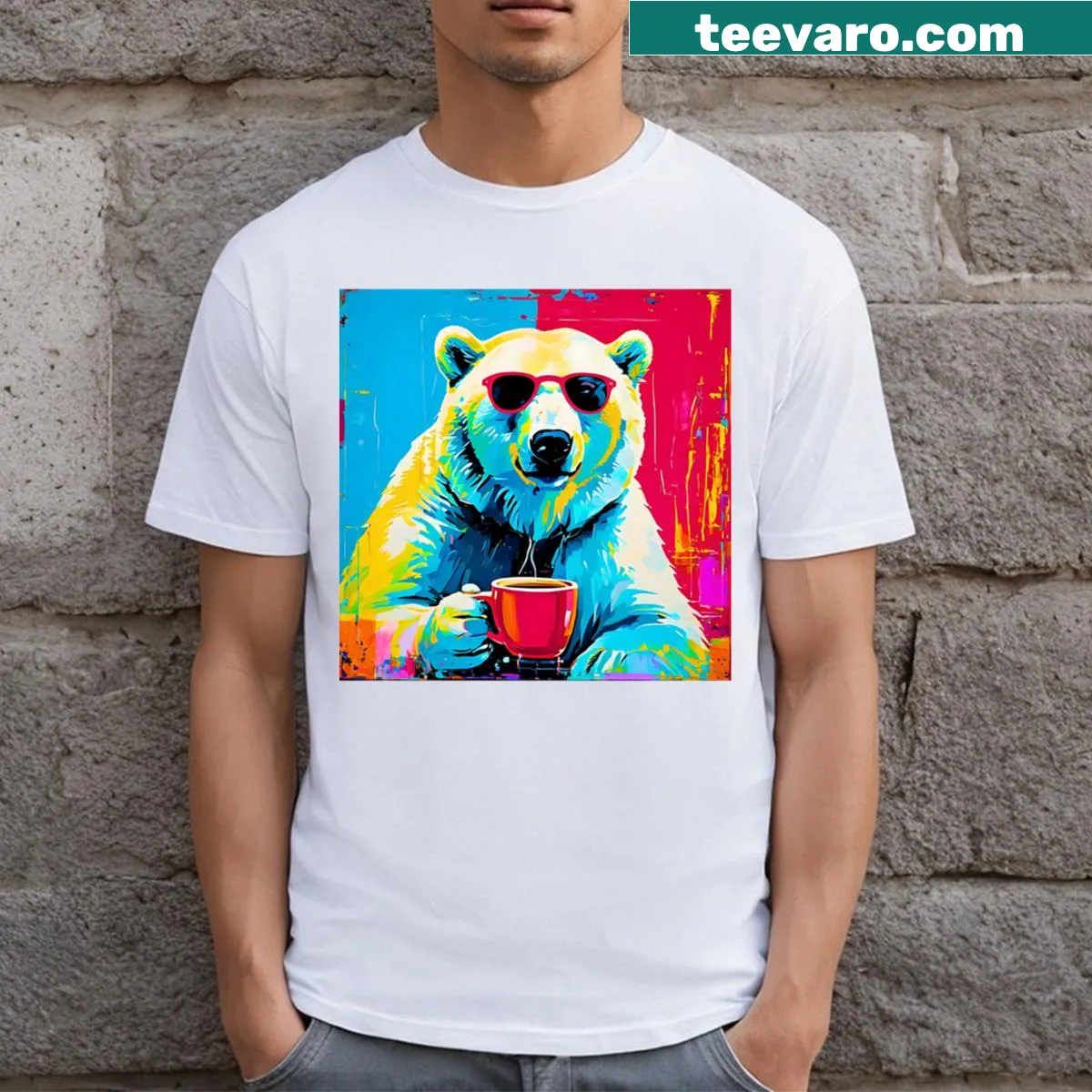 Charming T-shirt featuring a polar bear with coffee design — on a men's t-shirt