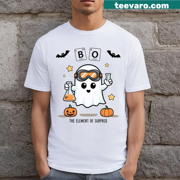 Halloween T-shirt featuring 'Boo' in a chemistry-themed typography design