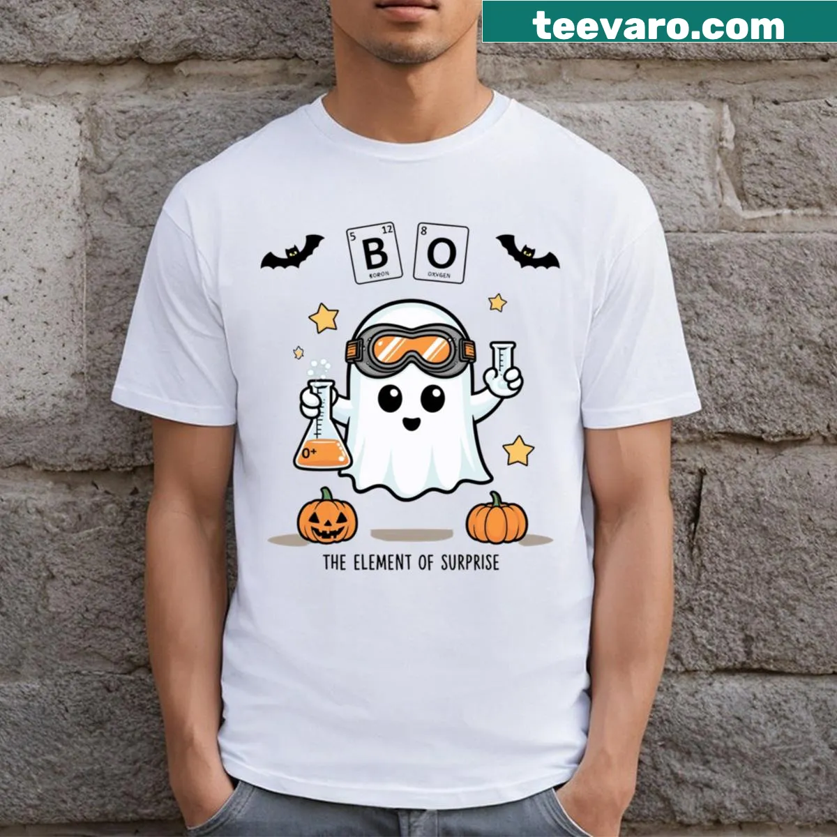 Halloween T-shirt featuring 'Boo' in a chemistry-themed typography design — on a men's t-shirt