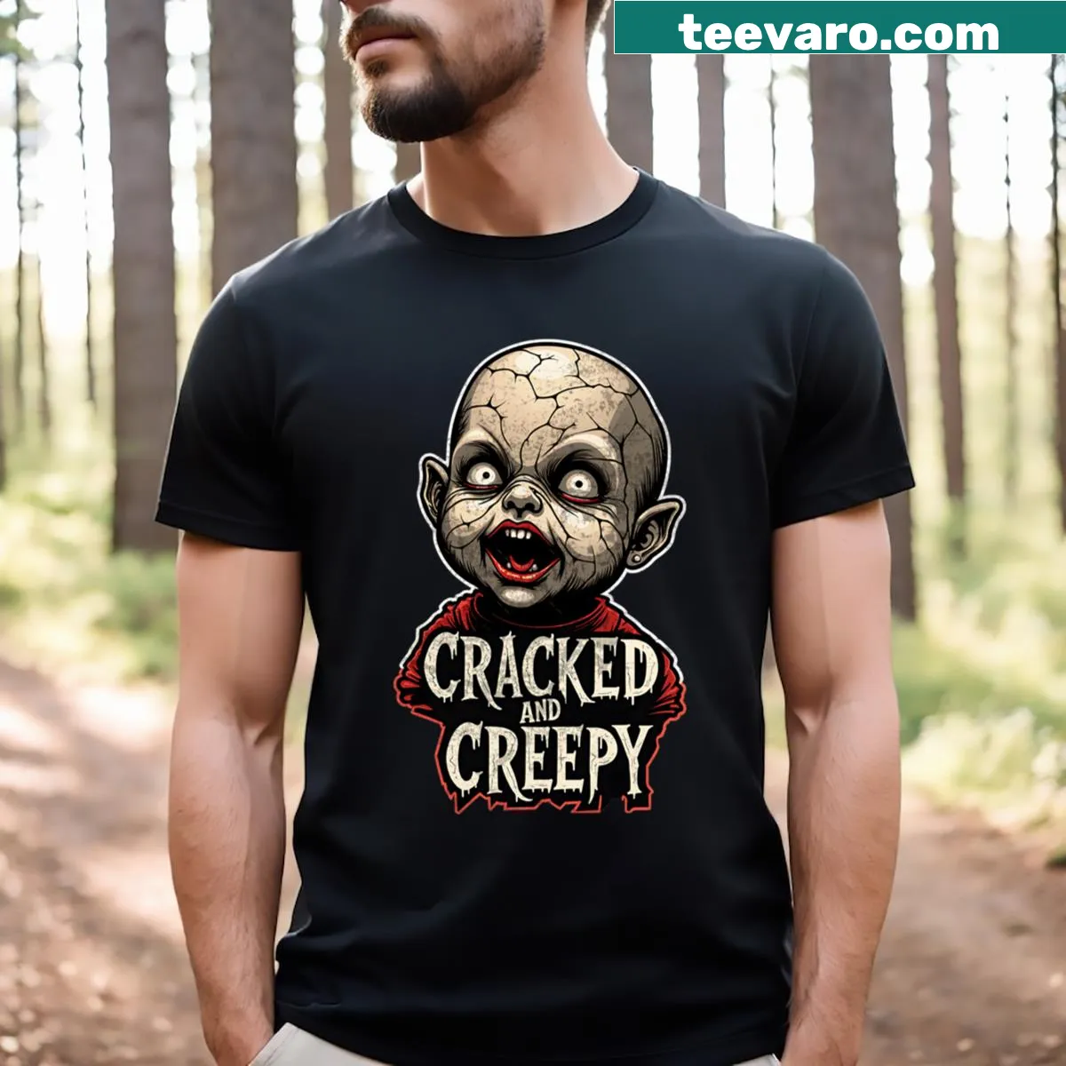 Spooky Halloween T-shirt with a cracked and creepy design — on a men's t-shirt