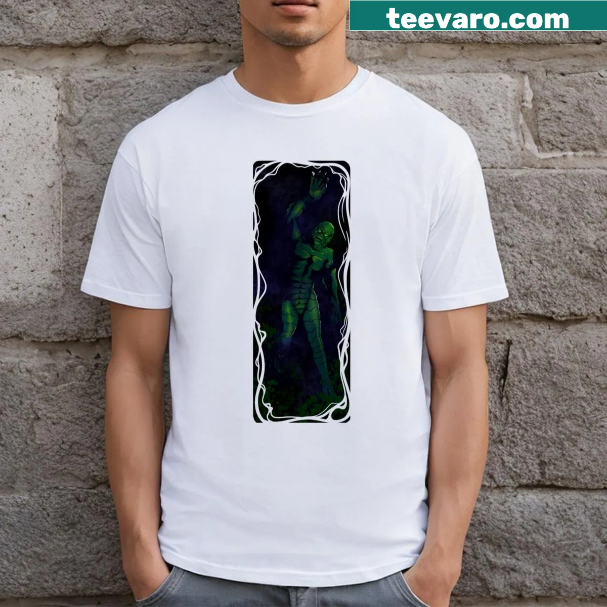 Classic horror T-shirt featuring the Creature from the Black Lagoon — on a men's t-shirt