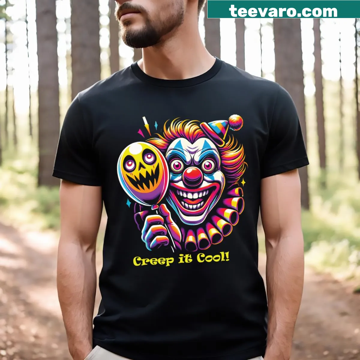 Halloween t-shirt featuring a playful clown graphic — on a men's t-shirt