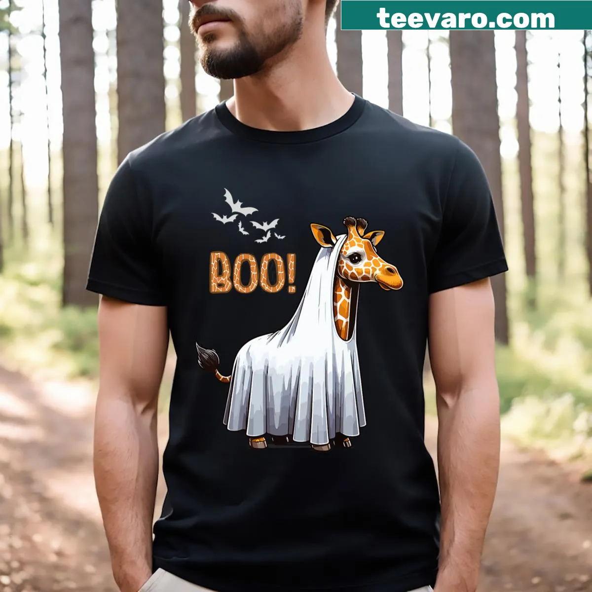 Funny Halloween t-shirt with a giraffe in costume — on a men's t-shirt