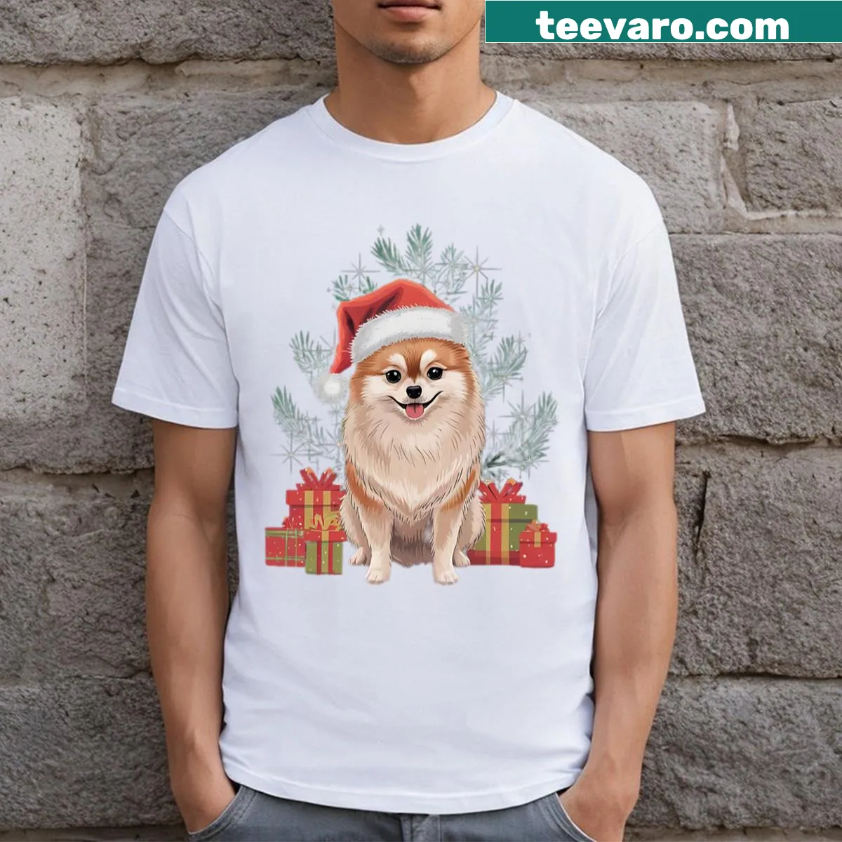 Cute Pomeranian holiday t-shirt with festive graphics — on a men's t-shirt