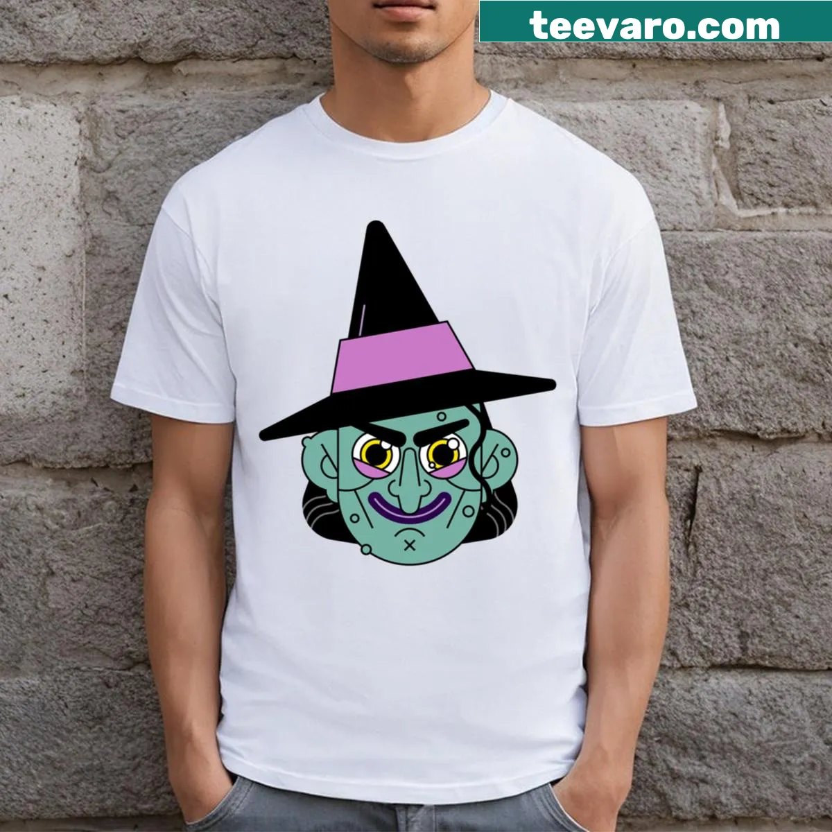 Illustrated cute witch face t-shirt with whimsical design — on a men's t-shirt