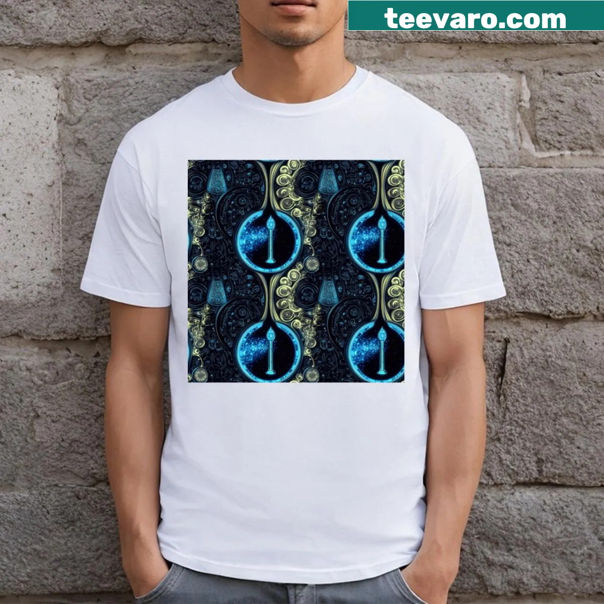 Neon clock and yin yang graphic t-shirt with champagne theme — on a men's t-shirt