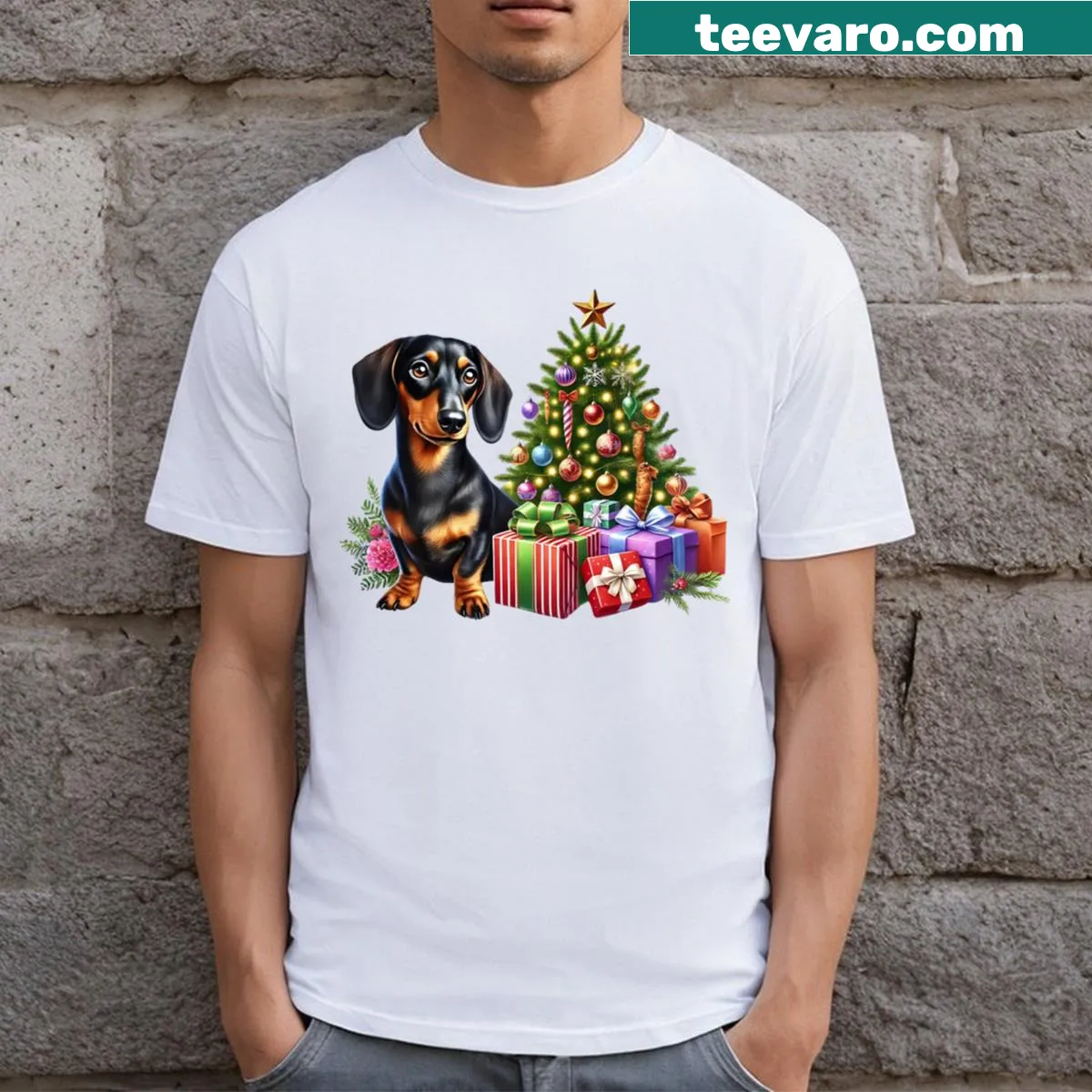 Dachshund illustration by a Christmas tree on a t-shirt — on a men's t-shirt