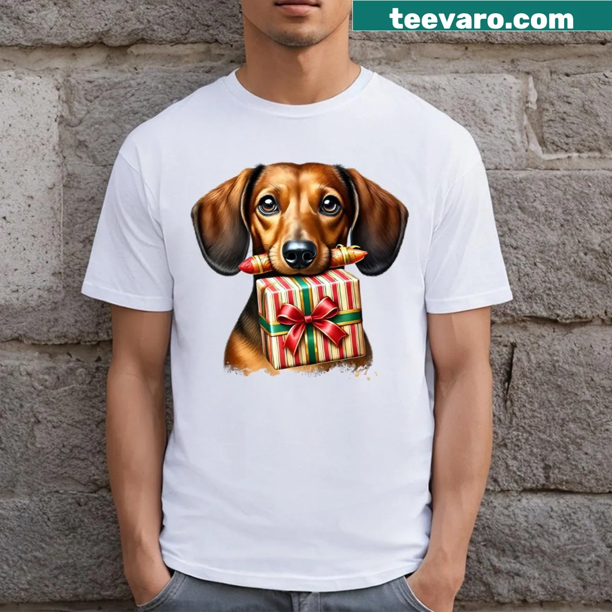 Dachshund holding a Christmas present illustration on a t-shirt — on a men's t-shirt