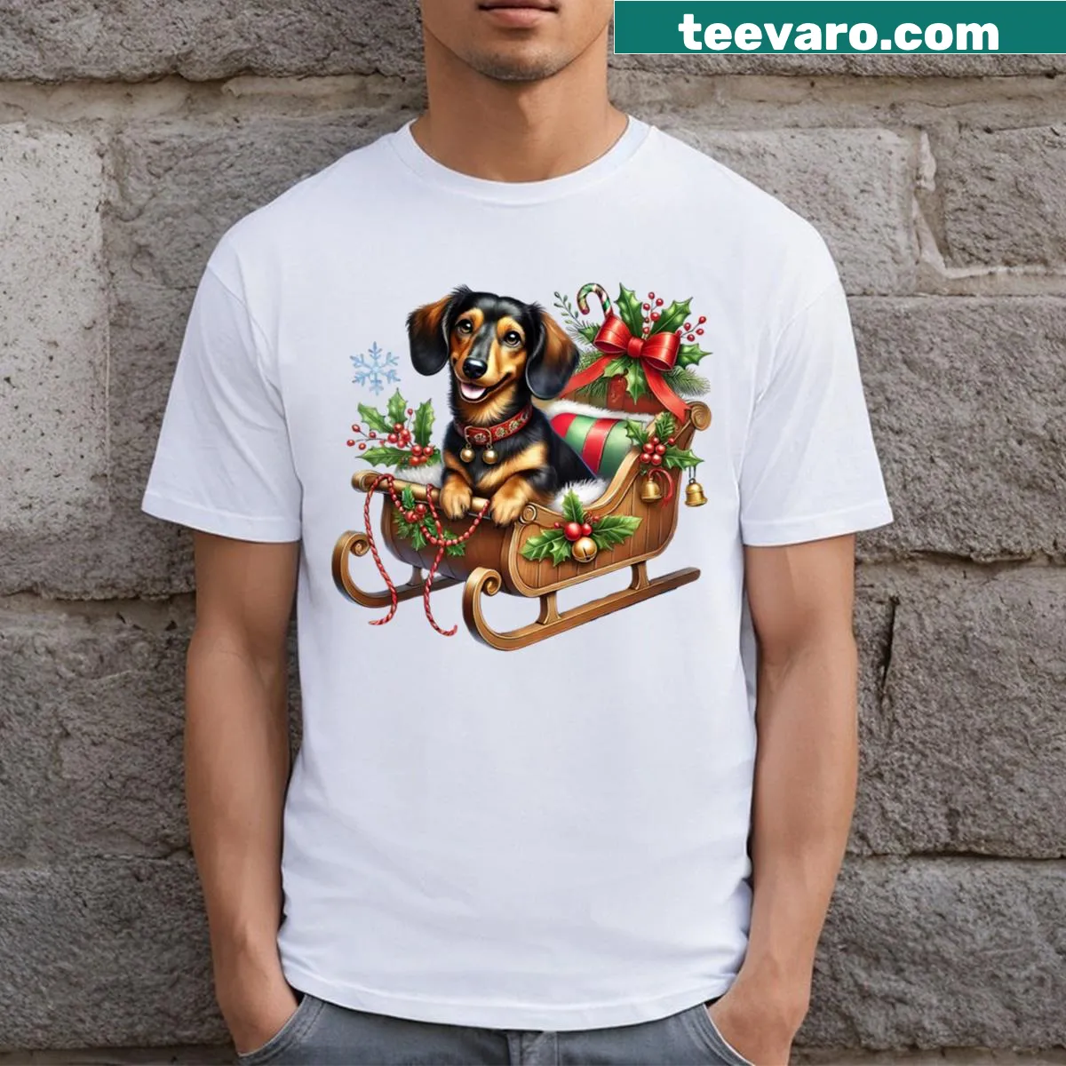 Adorable dachshund in a sleigh illustration on a t-shirt — on a men's t-shirt