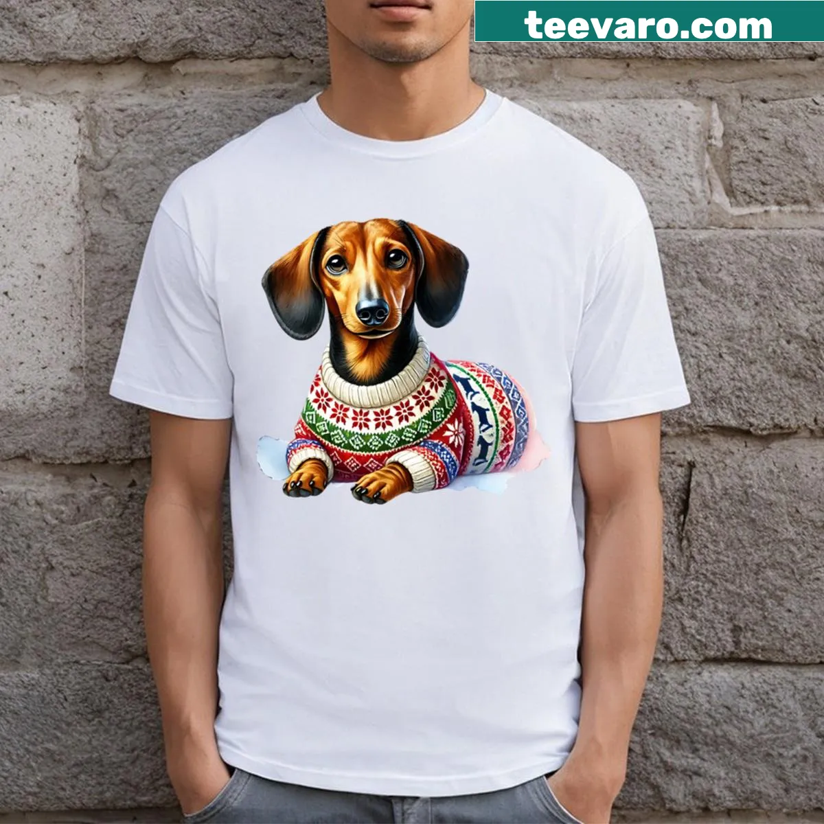 Dachshund in a scarf, festive Christmas design on t-shirt — on a men's t-shirt