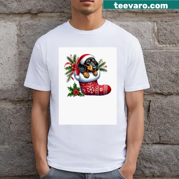 Dachshund inside a Christmas stocking on t-shirt