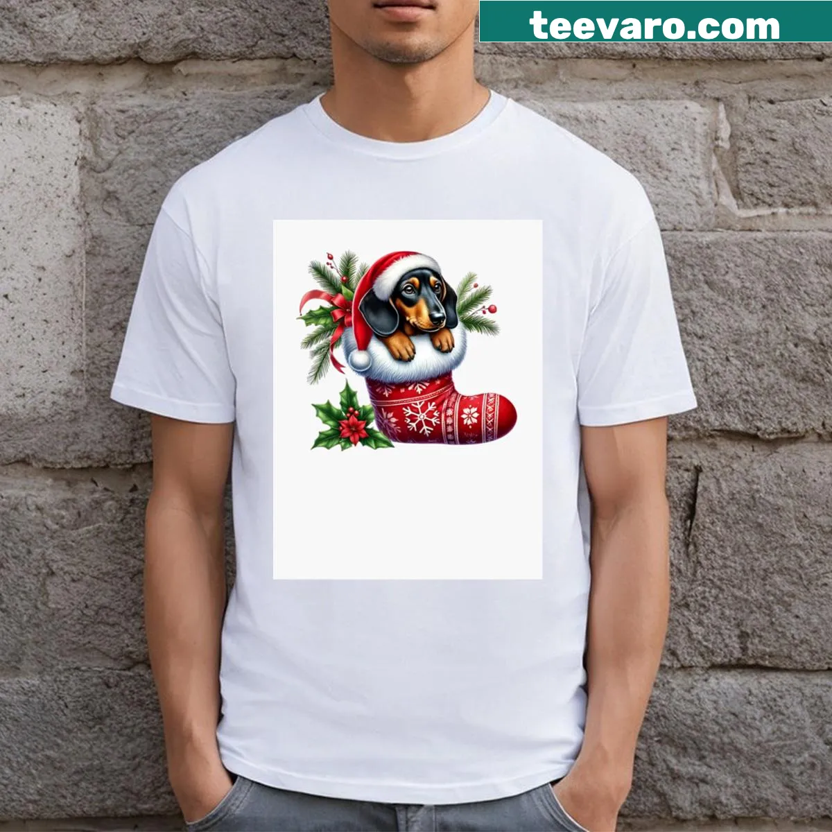 Dachshund inside a Christmas stocking on t-shirt — on a men's t-shirt