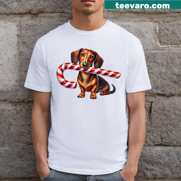 Dachshund with a candy cane graphic t-shirt for Christmas