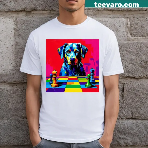 Cartoon dog playing chess graphic on t-shirt