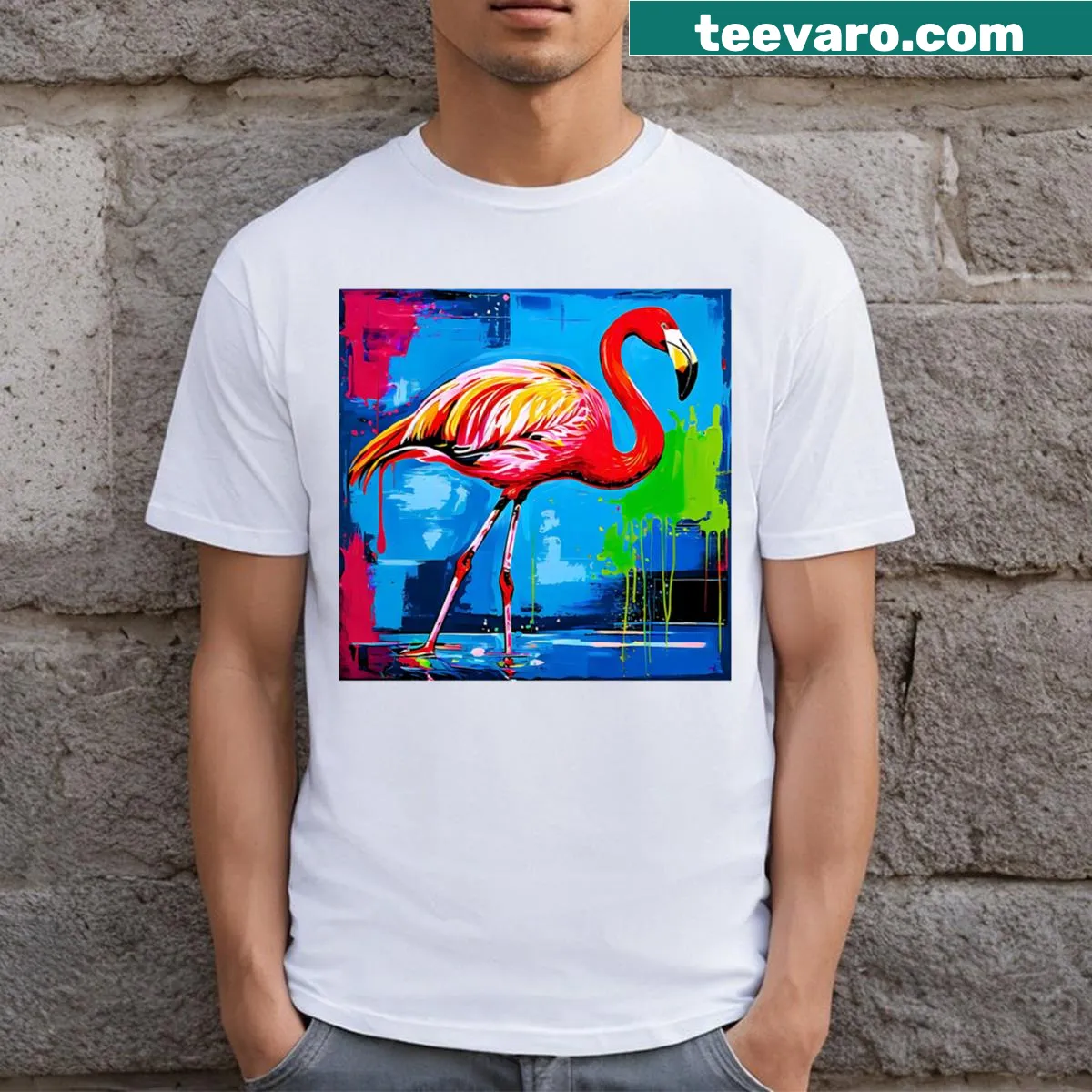 Elegant flamingo graphic in pop art style on a t-shirt — on a men's t-shirt