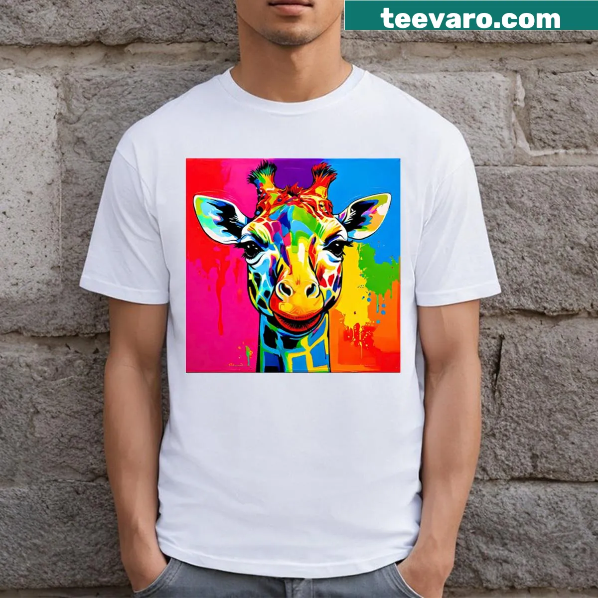 Giraffe face T-shirt featuring a bold pop art design — on a men's t-shirt