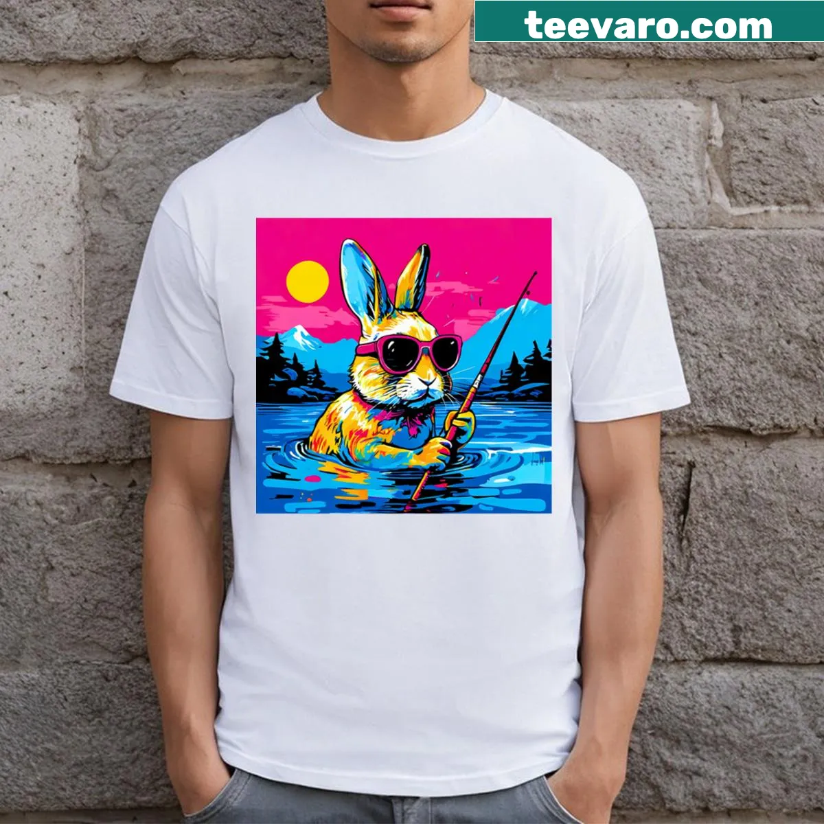Cartoon rabbit wearing sunglasses and fishing on T-shirt — on a men's t-shirt