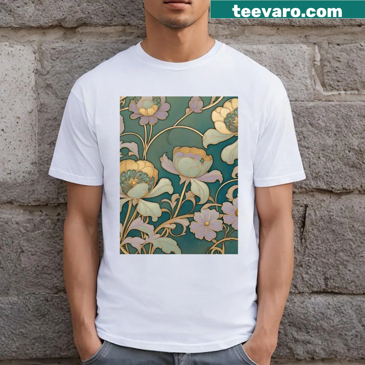 Art Nouveau floral design T-shirt with intricate illustrations — on a men's t-shirt
