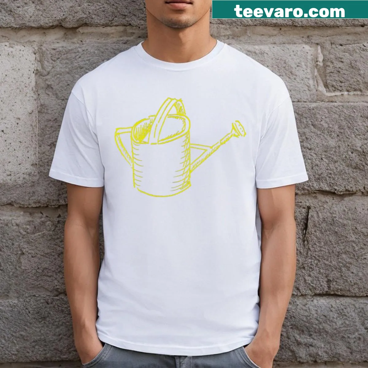 Gardening T-shirt featuring a bold watering can illustration — on a men's t-shirt