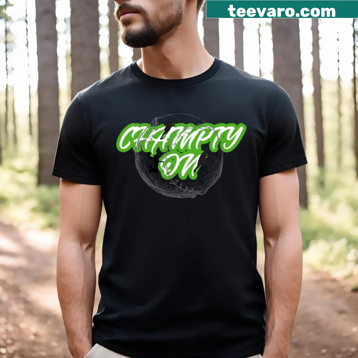 Tribute T-shirt featuring sports champion badge design — on a men's t-shirt