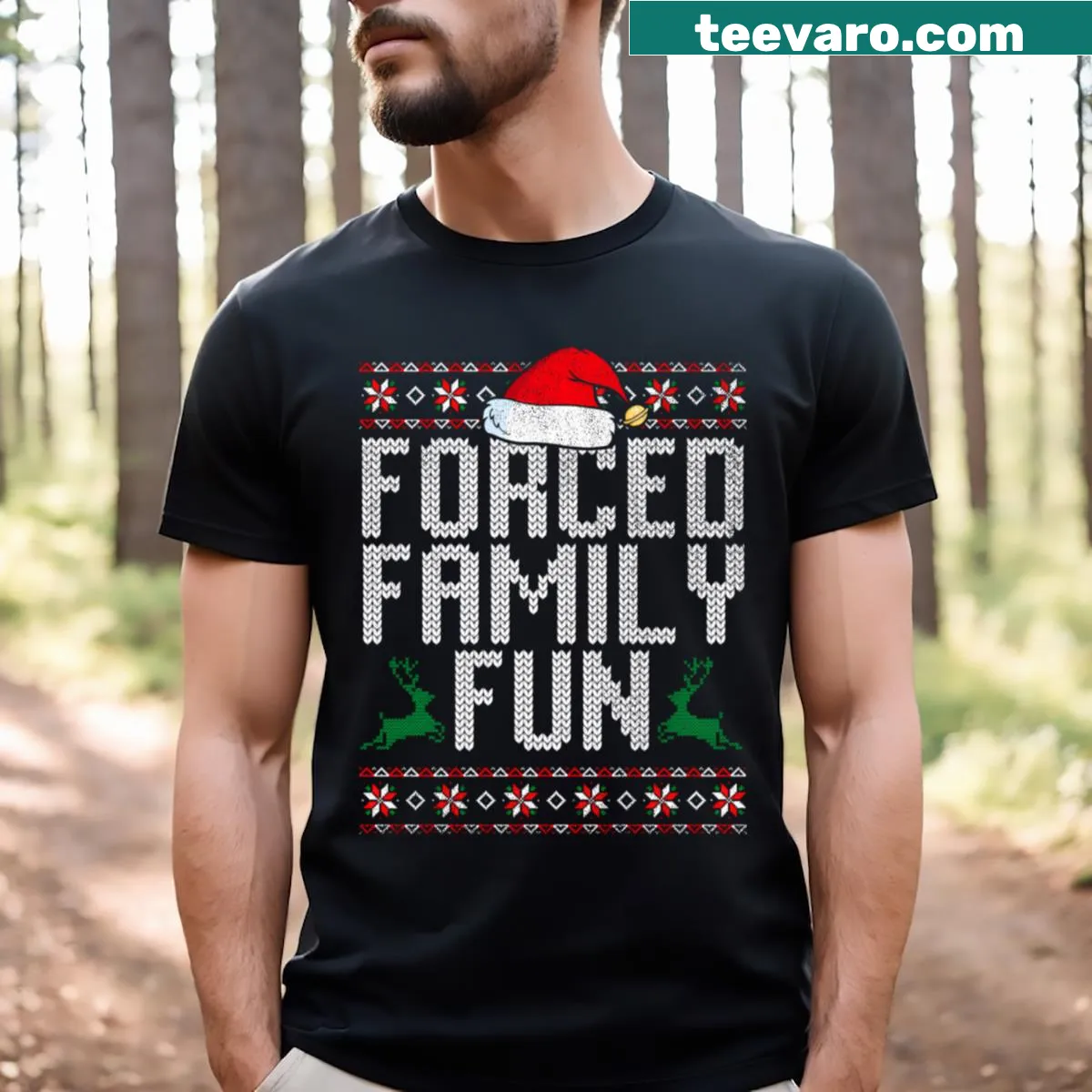 Humorous t-shirt with 'Forced Family Fun' graphic in bold text — on a men's t-shirt