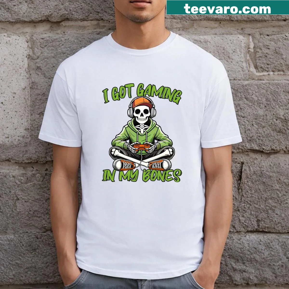 Skeleton gamer graphic with Halloween elements on a t-shirt. — on a men's t-shirt