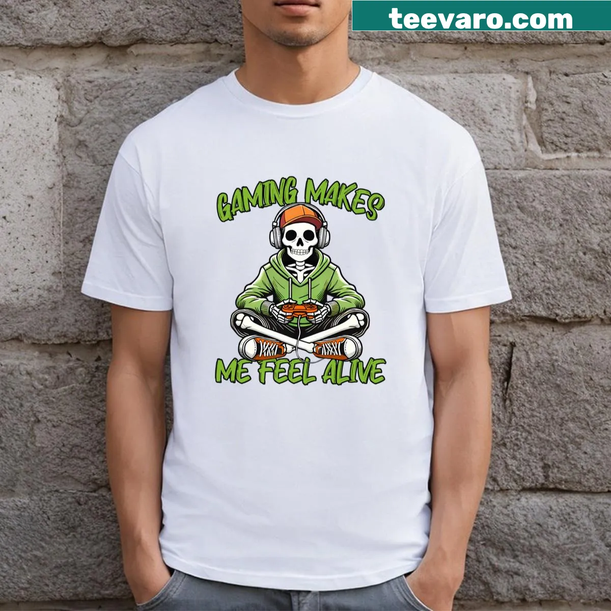 Skeleton gamer graphic on t-shirt for Halloween. — on a men's t-shirt