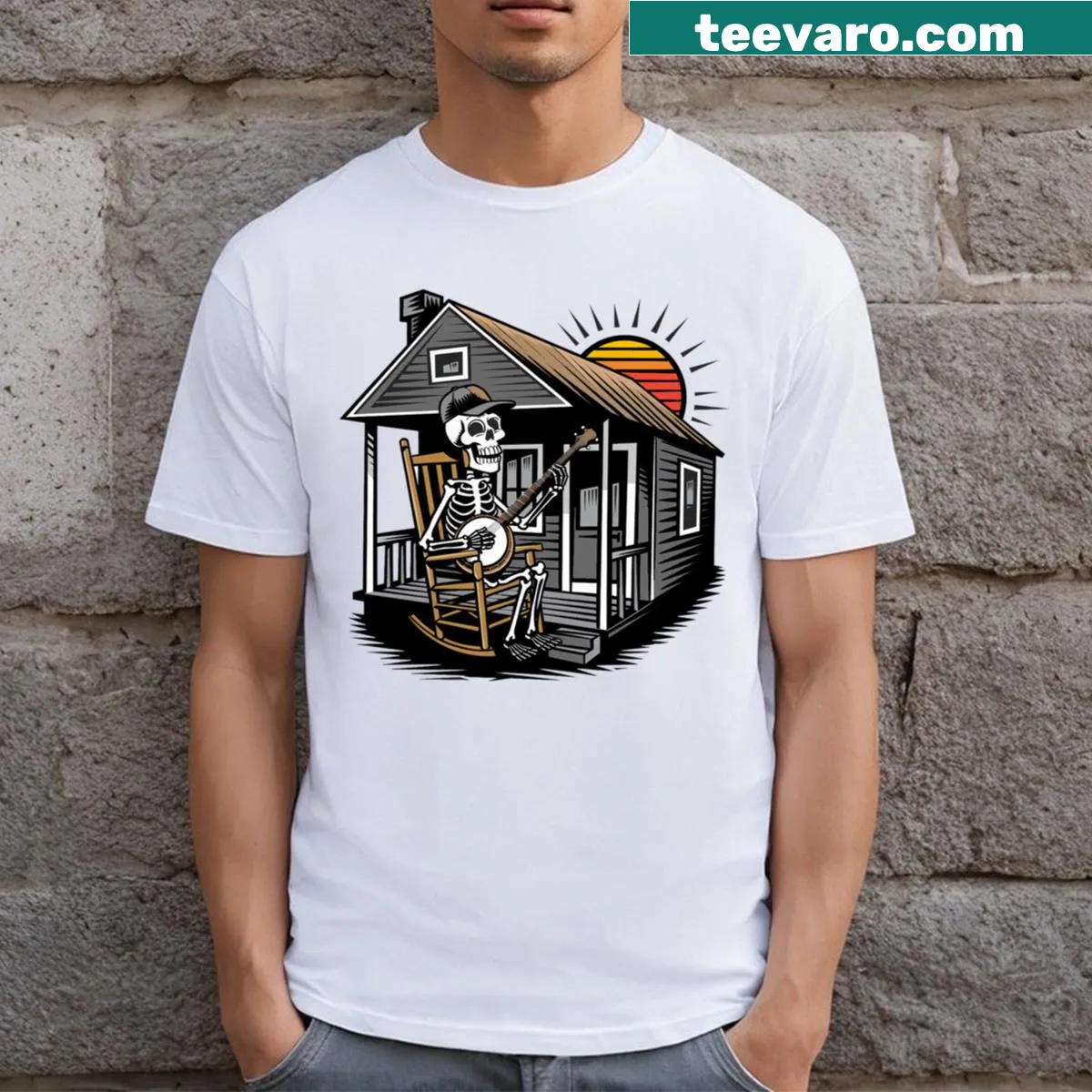 Skeleton playing banjo at a mountain cabin, whimsical illustration. — on a men's t-shirt