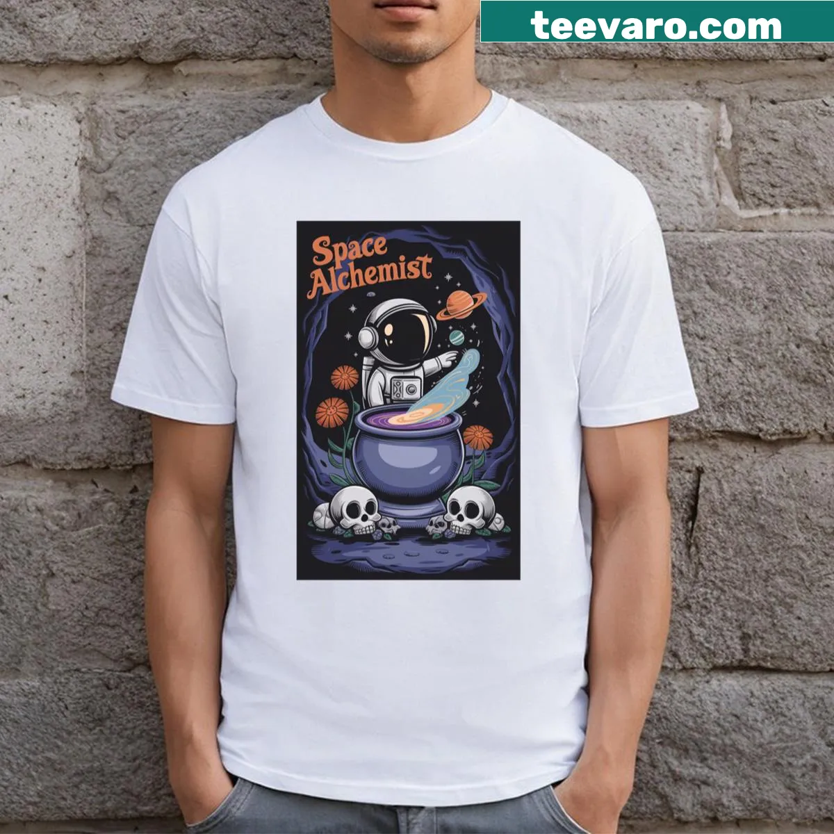 Minimalist line-art design of a galactic ritual with cosmic elements. — on a men's t-shirt