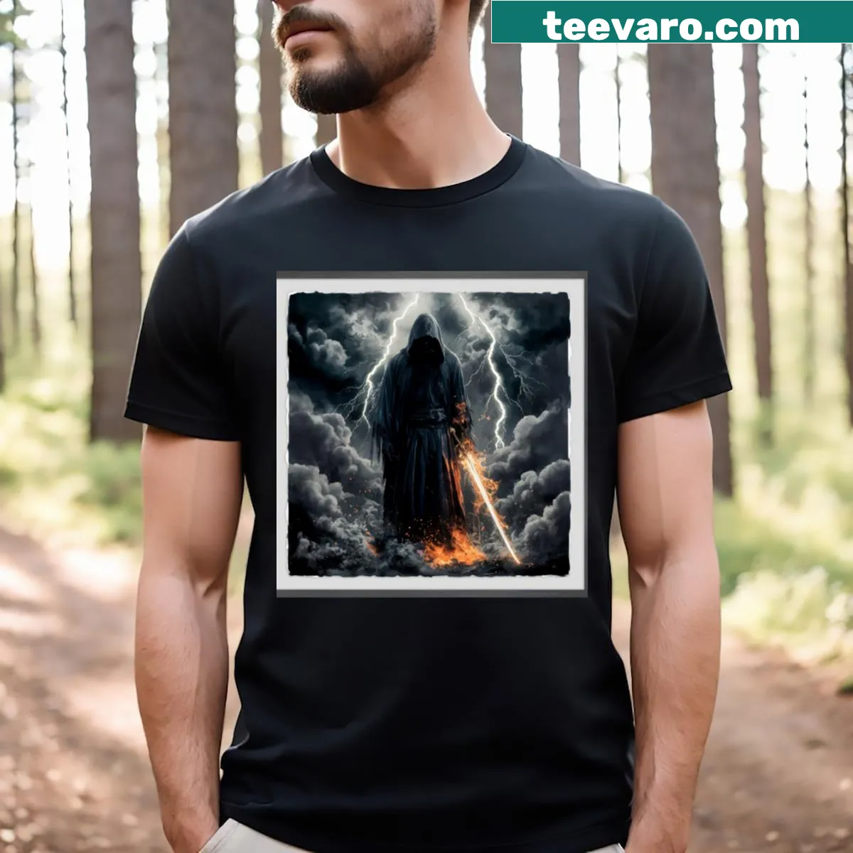 T-shirt featuring a ghost with a sword in fog for Halloween lovers — on a men's t-shirt