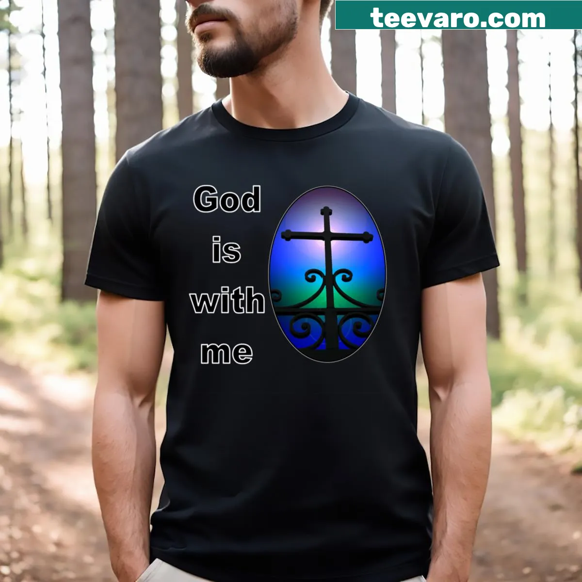 T-shirt with bold text saying God Is With Me, conveying faith and inspiration. — on a men's t-shirt