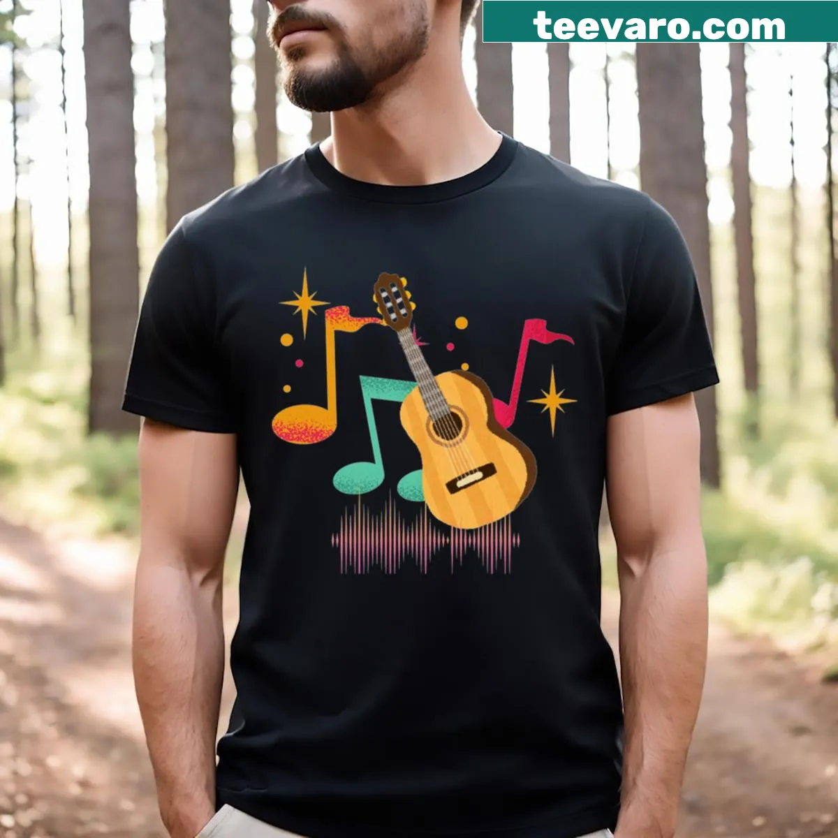 Minimalist typography Guiter Essential T-shirt for music enthusiasts — on a men's t-shirt