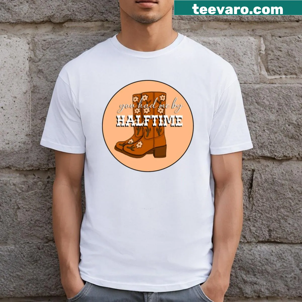 Nostalgic sports-themed T-shirt with 'Had Me By Halftime' graphic — on a men's t-shirt