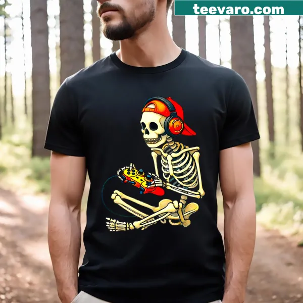 Skeleton gamer t-shirt designed for Halloween with video game theme